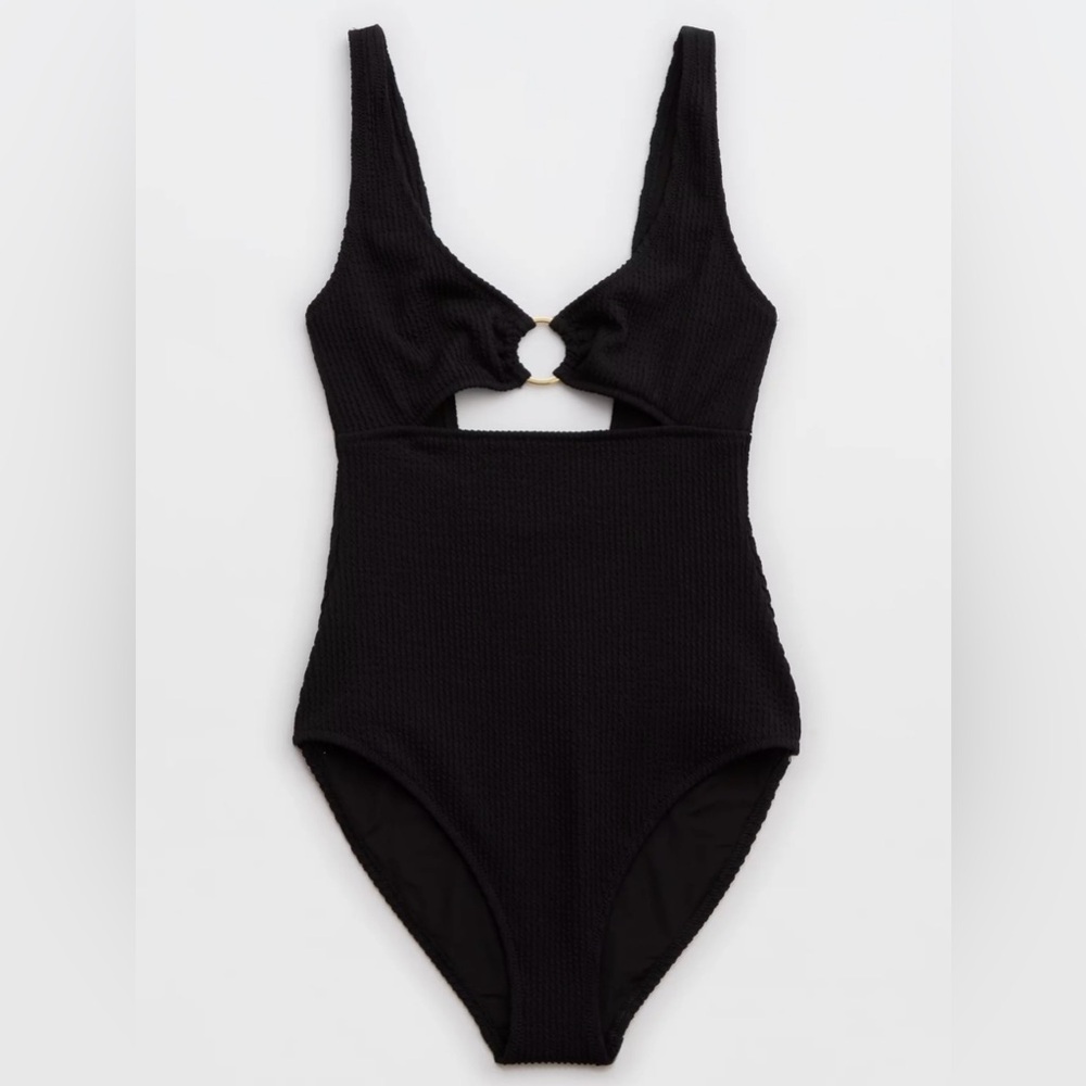 Aerie Crinkle Ring Full Coverage One Piece Swimsuit - True Black - Size Small